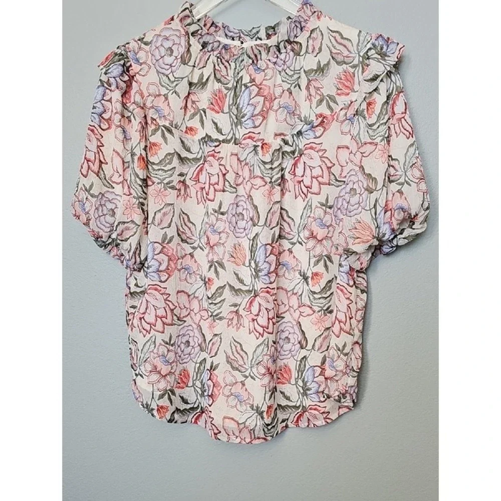 LOFT Women Cottagecore Floral Ruffle Neck Puff Sleeve Lined Blouse Size Large